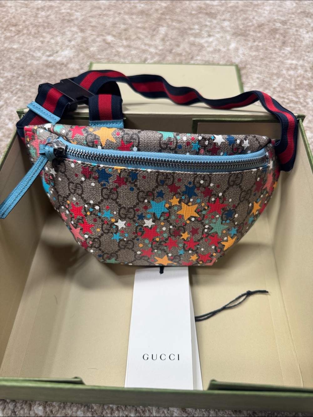 Gucci Multicolor Star GG Canvas Mini Belt Bag with Blue Zip